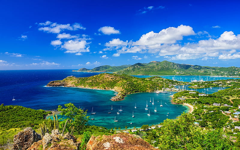 Caribbean sea, tropical islands, yachts, bay, summer, seascape, Antigua and Barbuda, North America, HD wallpaper