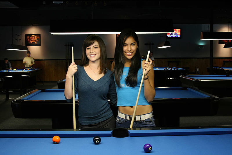 2 Girls, girls, pool table, cue balls, other, HD wallpaper