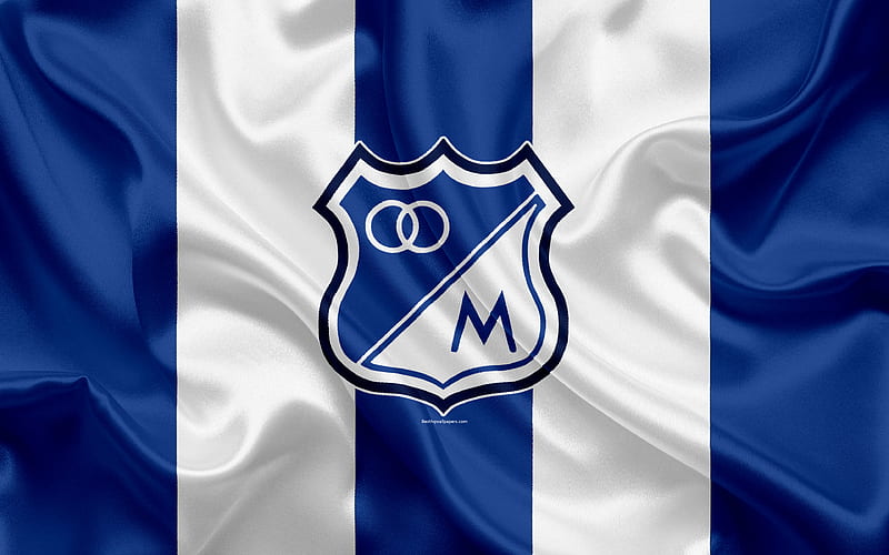 Millonarios FC logo, Colombian football club, silk texture, blue white flag, Categoria Primera A, Bogota, Colombia, football, Liga Aguila, HD wallpaper