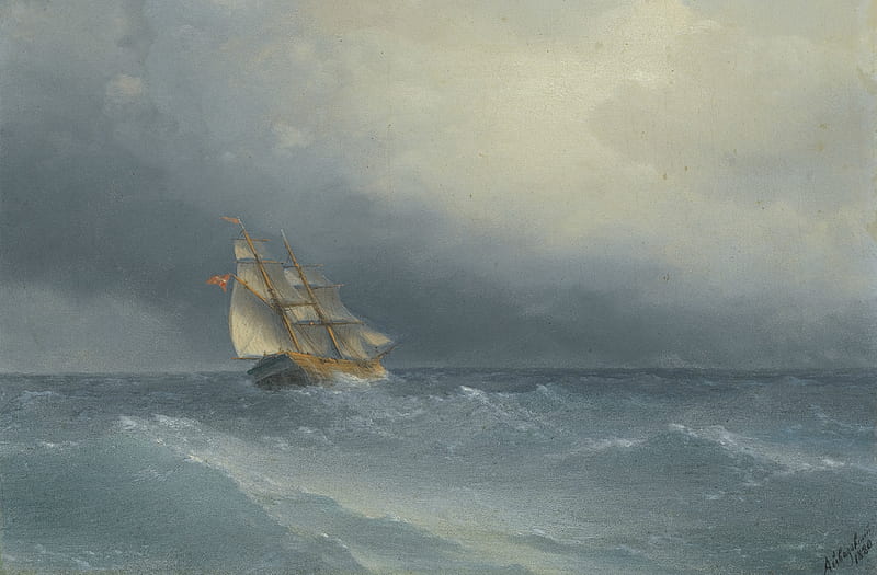The oncoming storm, water, wind, painting, storm, ivan aivazovsky, sea, wave, art, ship, pictura, HD wallpaper