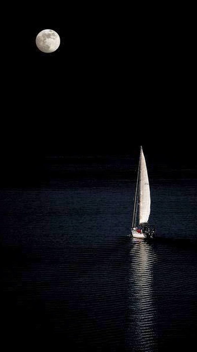 Fullmoon, alone, moon, nature, sea, ship, HD phone wallpaper