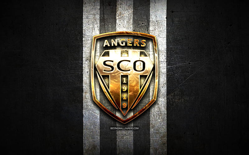 Angers FC, golden logo, Ligue 1, black metal background, football, Angers SCO, french football club, Angers logo, soccer, France, HD wallpaper