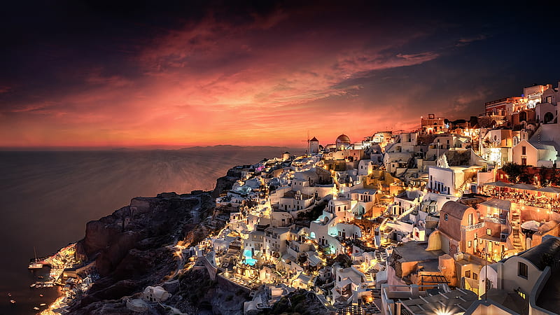Towns, Santorini, Light, Night, HD wallpaper