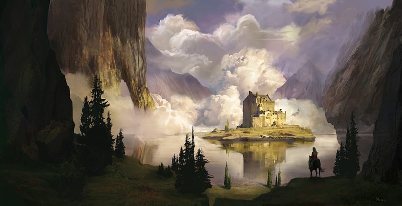 castle, clouds, lake, art, HD wallpaper