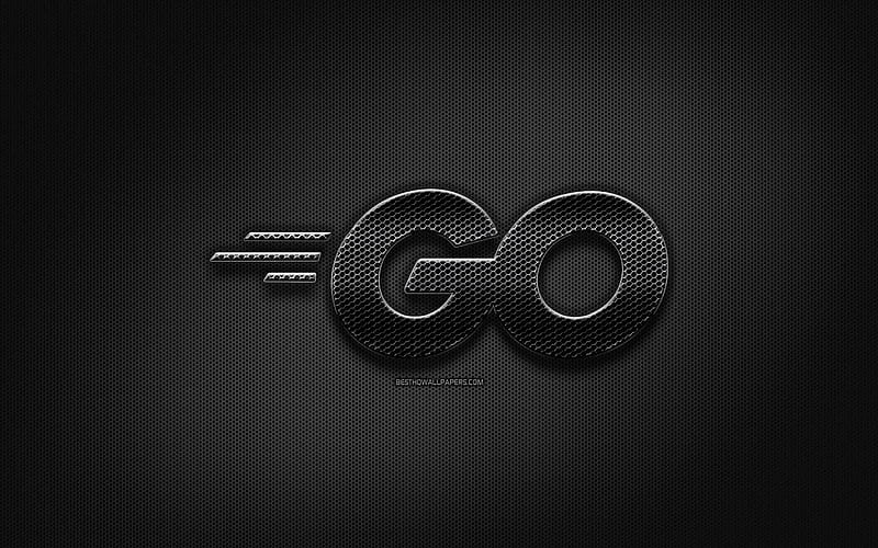Go black logo, programming language, grid metal background, Go, artwork, creative, programming language signs, Go logo, HD wallpaper