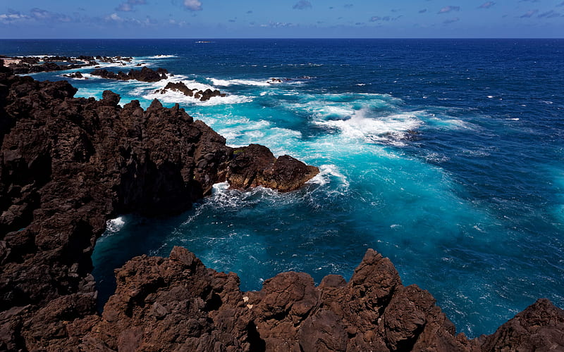 Madeira, Atlantic Ocean, coast, rocks, waves, ocean, Portugal, HD wallpaper