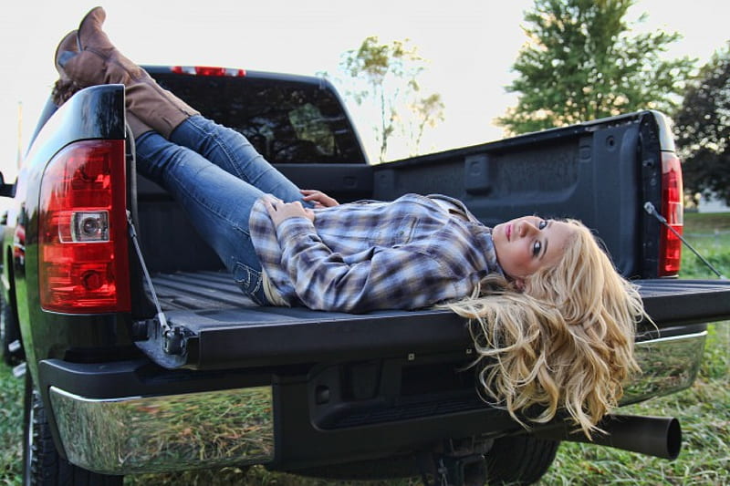 Cowgirl~Josey Milner, cowgirl, Chevrolet, grass, Josey Milner, boots, blonde, trees, singer, Chevy, truck, HD wallpaper