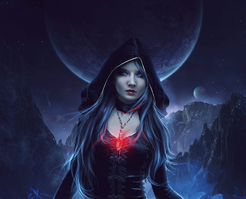 Witch of the Night, witch, red, hood, girl, pendant, black, night, HD wallpaper