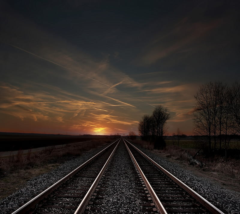 railroad train, nightfall, HD wallpaper