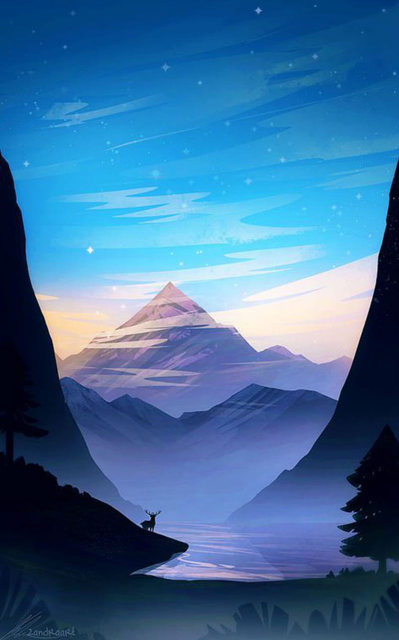 Mountain view, deer, trees, lake, peak, blue, HD phone wallpaper