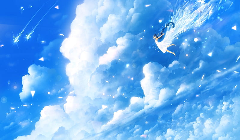 Summer sky, bou nin, cloud, luminos, girl, anime, manga, white, blue, HD wallpaper