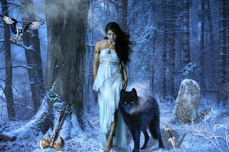 Forest Warrior, wolf, snow, woman, winter, forest, HD wallpaper | Peakpx
