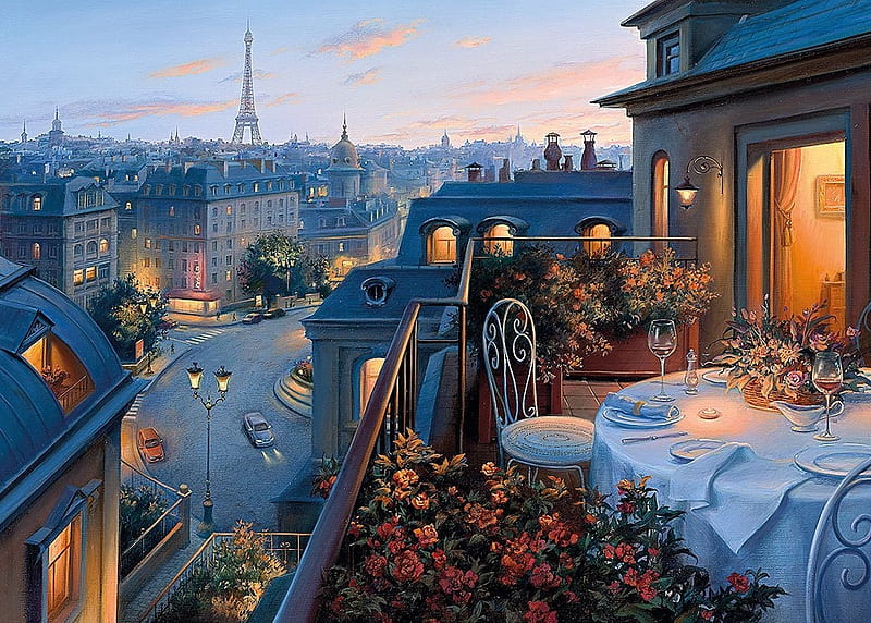 An Evening in Paris, city, tower, flowers, paris, evening, eiffel, HD wallpaper