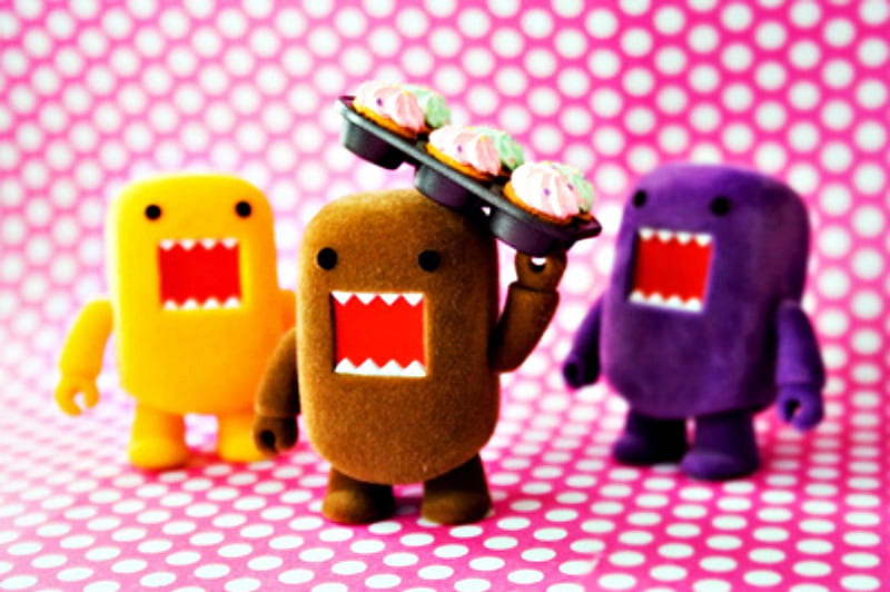 Domo ( Want Some Cupcakes? ), yellow domo, domo, purple domo, cupcakes, anime, adorable, cartoon, HD wallpaper
