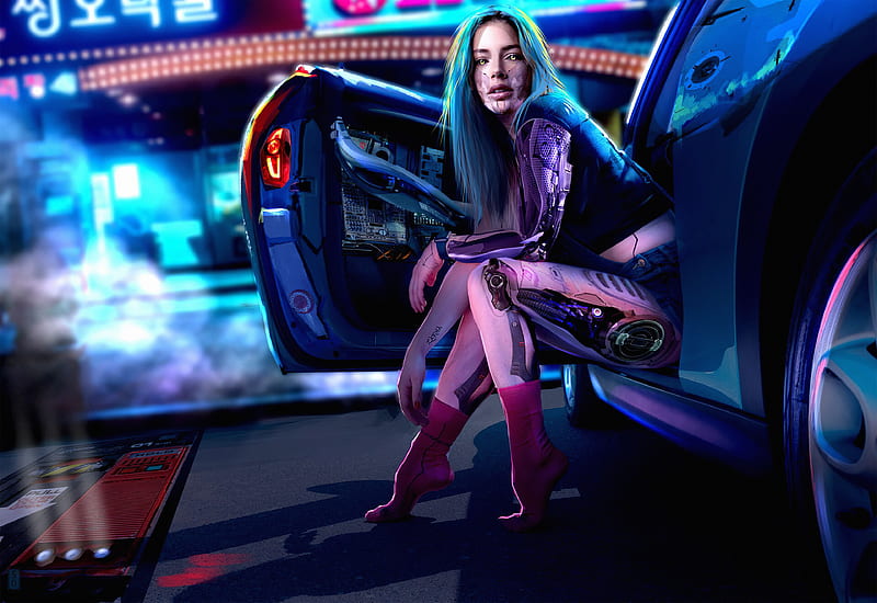Cyberpunk Girl With Car, artist, artwork, artstation, HD wallpaper