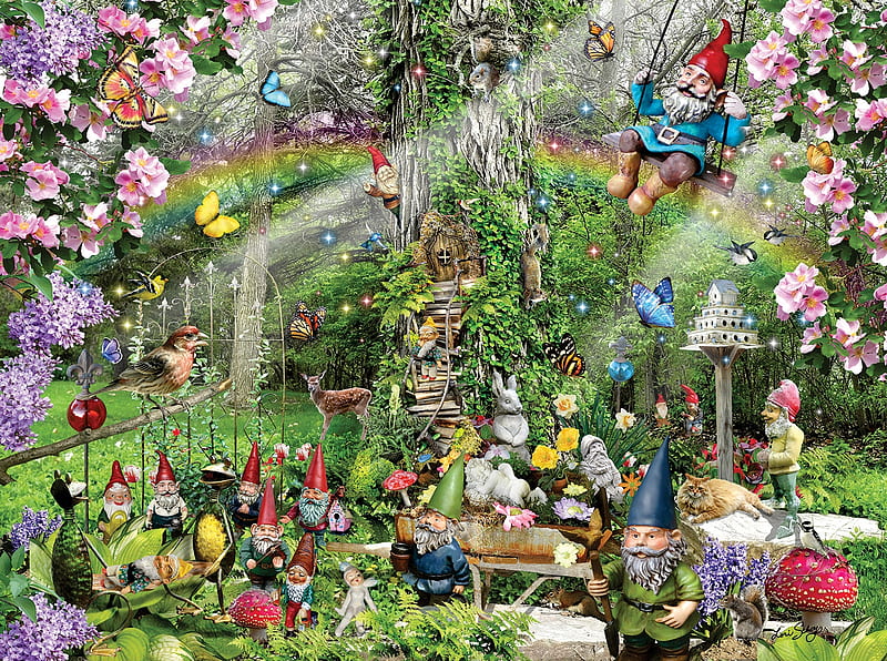 Gnomes playground, gnomes, vara, lori schory, butterfly, summer, garden, flower, dwarf, art, HD wallpaper