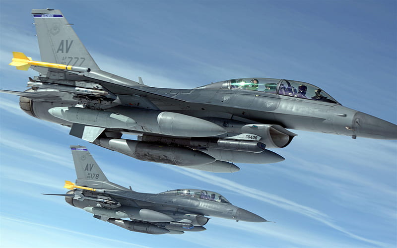 F-16, Fighting Falcon, General Dynamics, pair of fighters, US Air Force, combat aircraft, HD wallpaper