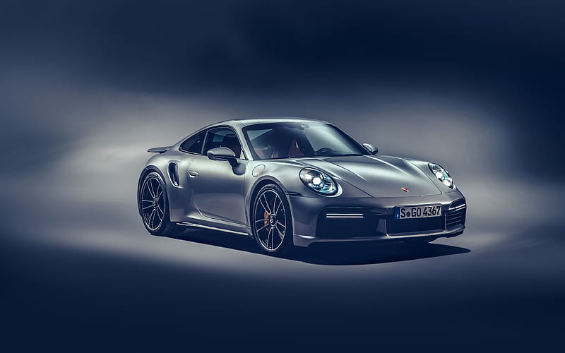 Porsche 911 Turbo S, studio, 2020 cars, supercars, Gray Porsche 911, german cars, Porsche, HD wallpaper