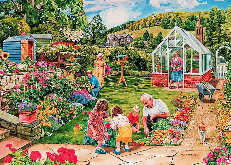 Grandpa's Garden, greenhouse, children, flowers, grandma, path, artwork, landscape, HD wallpaper