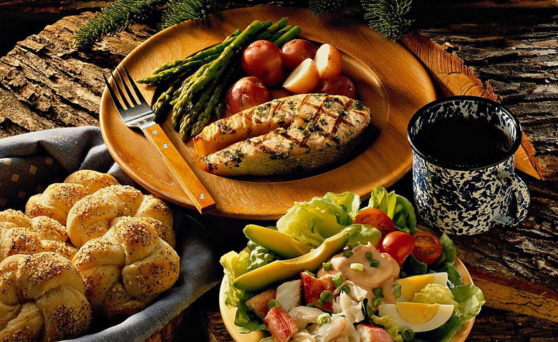 Fish and Salad, fruit, food, fish, salad, HD wallpaper