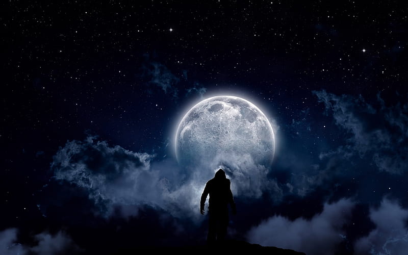 Reaching the moon, stars, manipulation, twilight, sky, clouds, fullmoon, moon, dark, night, HD wallpaper