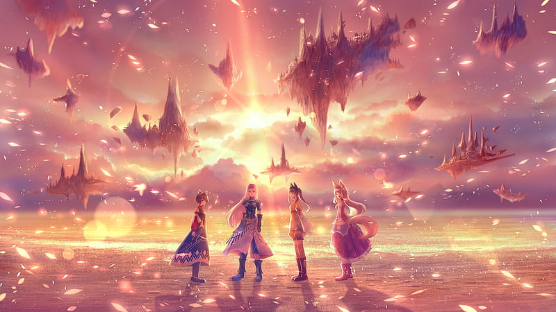 Anime landscape, sunset, floating islands, anime girls, particles, Anime,  HD wallpaper | Peakpx