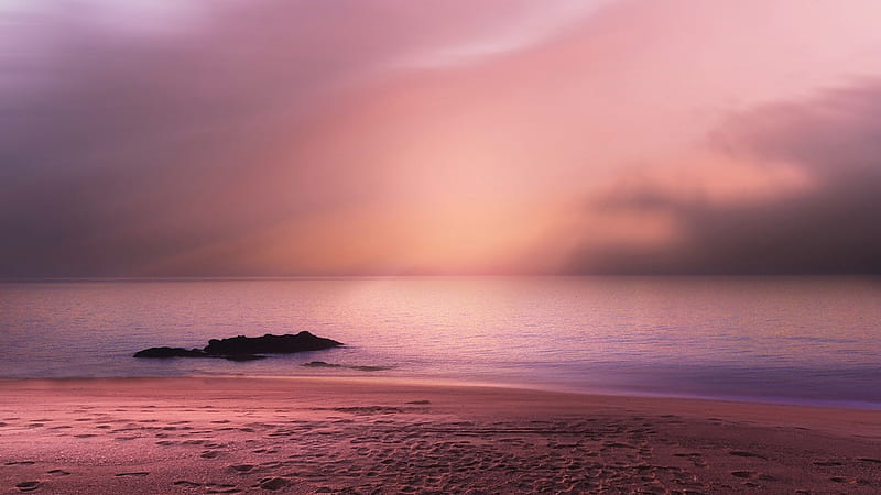 Pink Sea Pink Sky, calm, dawn, rock, sunset, sunrise, nature, pink, sea, Firefox theme, HD wallpaper