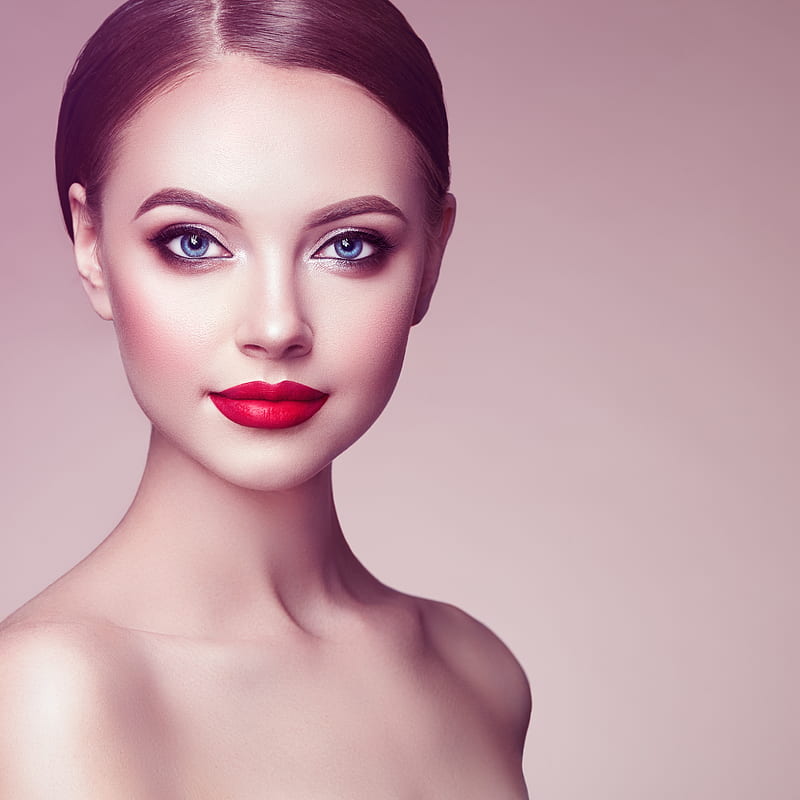simple background, soft gradient , makeup, red lipstick, women, short hair, face, model, HD phone wallpaper