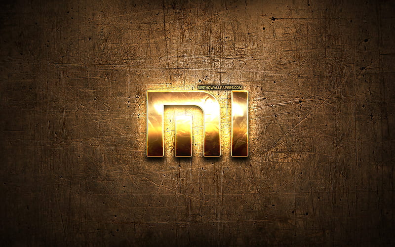 Xiaomi golden logo, artwork, brown metal background, creative, Xiaomi logo, brands, Xiaomi, HD wallpaper