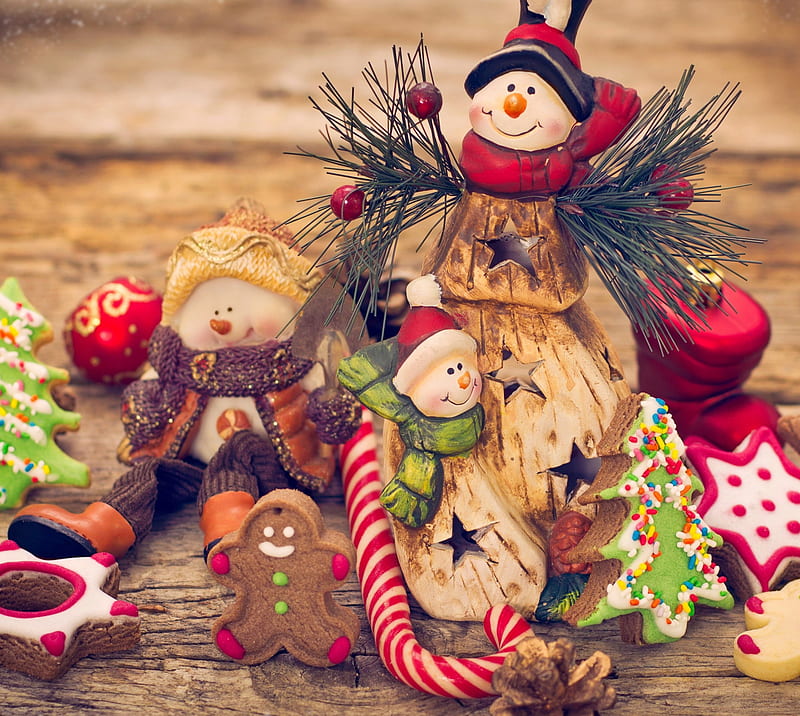 Snowmen, christmas, gingerbread, stars, HD wallpaper