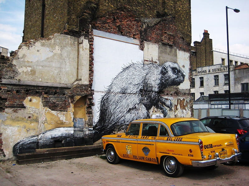 New York Cab, Yellow, New York, Cab, Wall painting, Car, Transport, Taxi, HD wallpaper