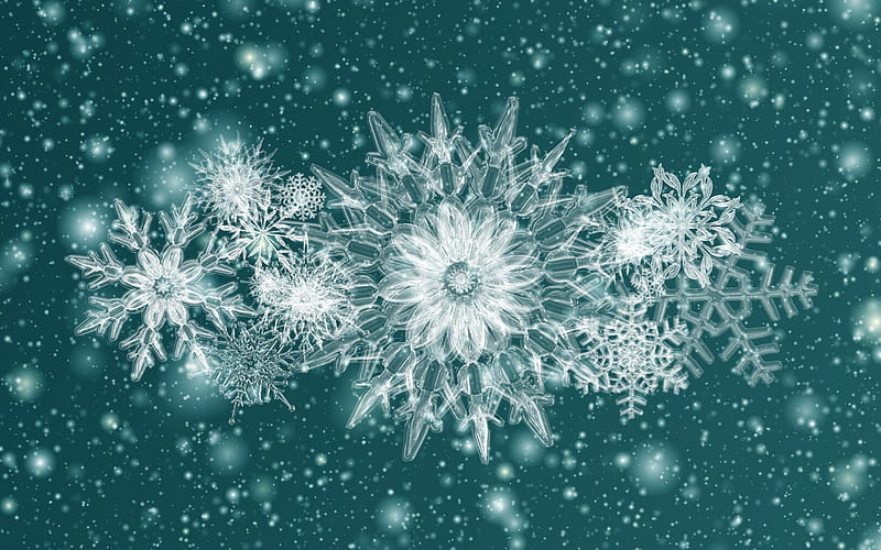 Green background with snowflakes, texture with snowflakes, winter texture, snowflakes, ice texture, HD wallpaper