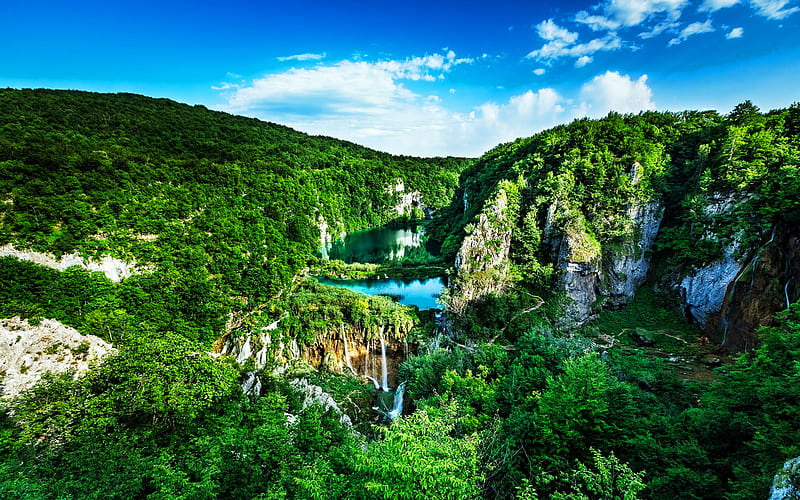 Croatia, Plitvice Lakes National Park, summer, beautiful nature, waterfalls, R, Croatian landmarks, Europe, Croatian nature, HD wallpaper