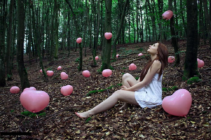 pink heart balloon2, forest, lovely, model, balloon, nice, girl, heart, pink, HD wallpaper