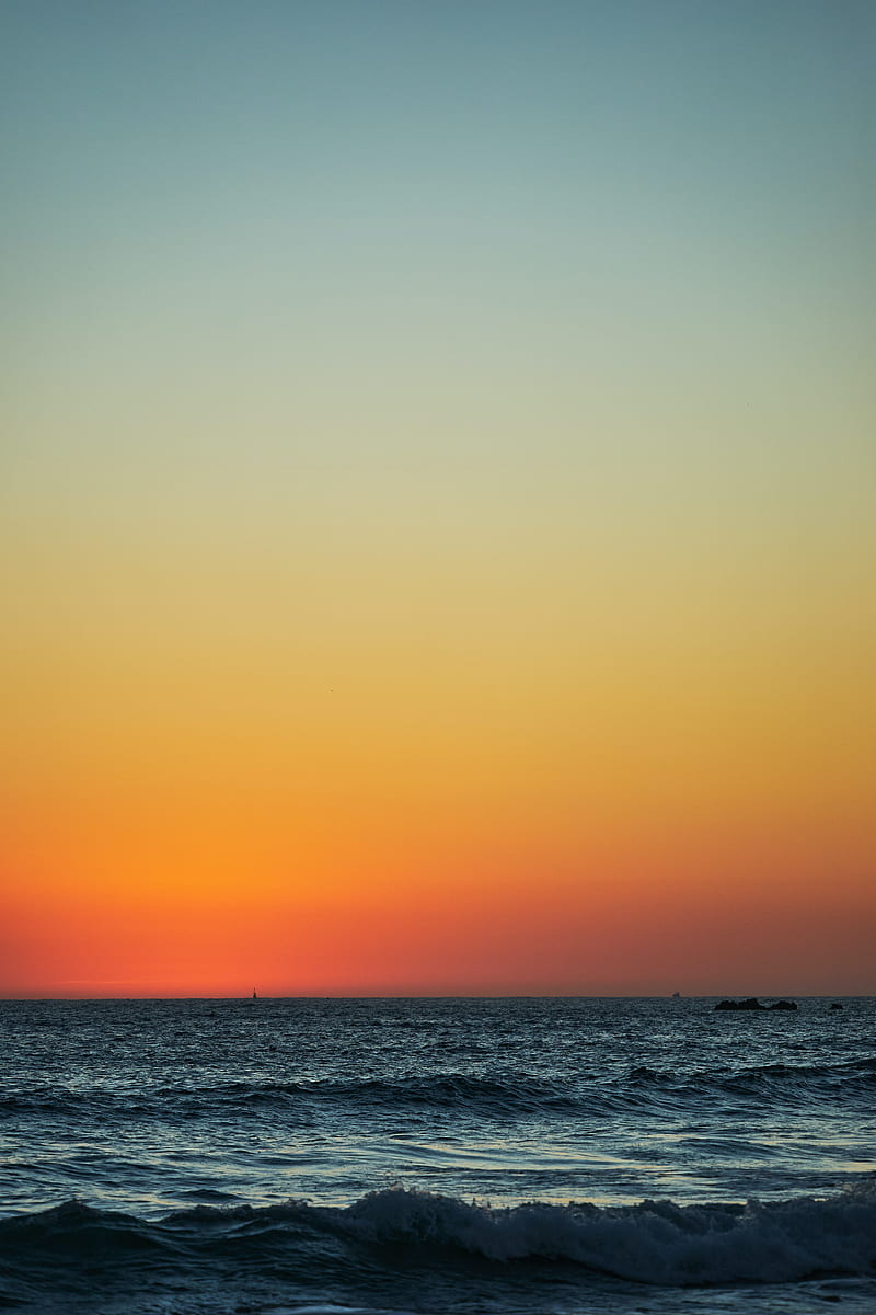 sunset, horizon, sea, waves, wavy, HD phone wallpaper