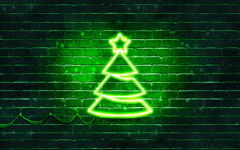 Green neon Christmas Tree Green brickwall, Happy New Years Concept, Green Christmas Tree, Xmas Trees, Christmas Trees, HD wallpaper