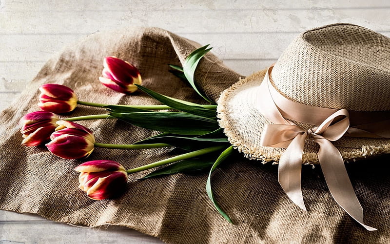 flowers, tulips, straw hat, vintage, HD wallpaper
