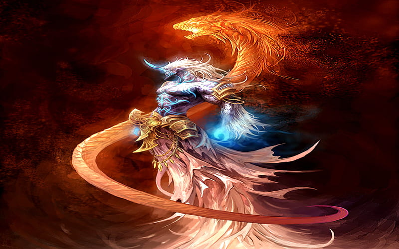 A Djinn and his Pet, red, fire, pet, djinn, genie, dragon, blue, jinn, HD wallpaper
