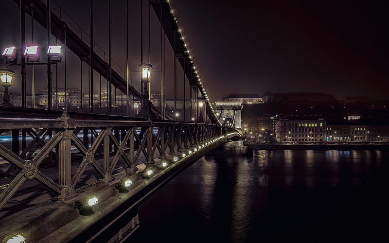 Chain Bridge, Budapest, evening, Danube, night, Hungary, city lights, HD wallpaper
