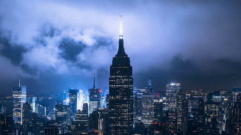 High Rising Buildings Of New York Under Cloudy Sky During Nighttime New York, HD wallpaper