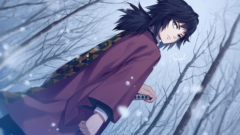 Demon Slayer Giyuu Tomioka Standing Slanting With Background Of Dry Trees And Snow Falling Anime, HD wallpaper
