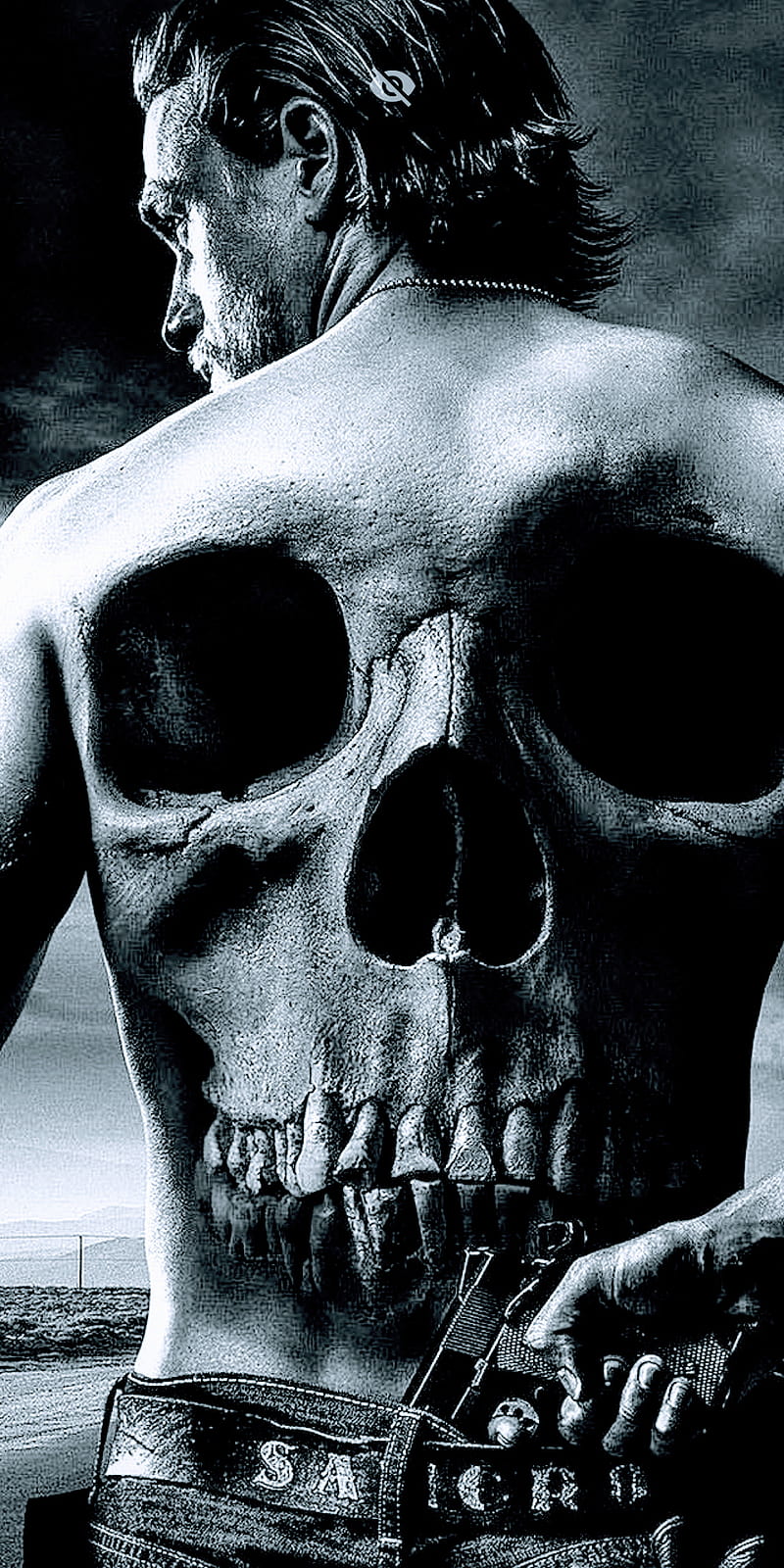 Skull and bones, tattoo, black, white, gun, guy, death, HD phone wallpaper