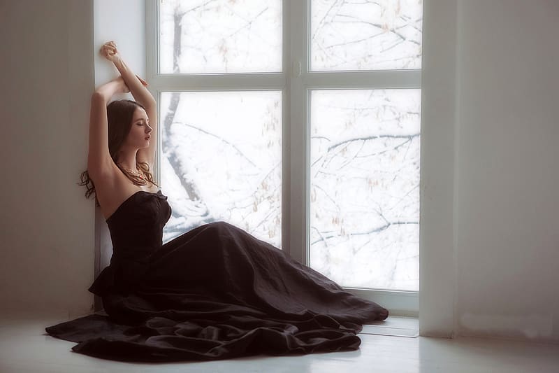 Disha Shemetova Posing, model, window, dress, brunette, HD wallpaper