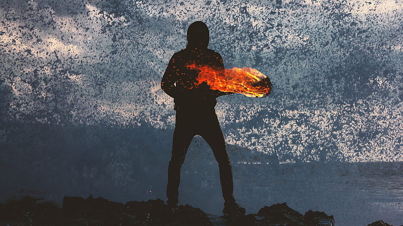 Silhouette Of Person Standing Holding Fire Torch Alone, HD wallpaper