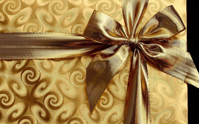 Golden silk bow, golden box gift, golden silk texture, gifts, golden silk ribbon, HD wallpaper