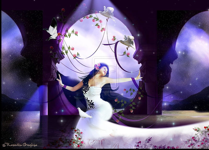 ~Arches are Magical~, pretty, ribbons, women, sweet, fantasy, arches, doves, manipulation, emotional, flowers, face, wings, lovely, models, birds, lips, cool, shining, flying, starlight, eyes, red, colorful, dress, shine, bonito, digital art, hair, emo, girls, light, gorgeous, animals, sparkling, female, colors, roses, plants, magical, HD wallpaper