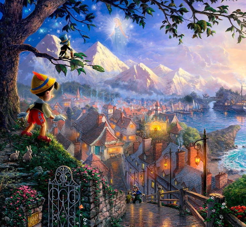 Pinocchio, fantasy, thomas kinkade, art, painting, pictura, HD wallpaper