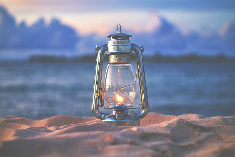 lamp, lantern, fire, sand, beach, HD wallpaper