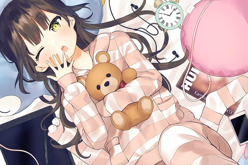 anime girl, sleepy, teddy bear, hugging, brown hair, wink, Anime, HD wallpaper