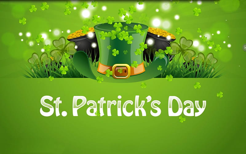 Saint Patrick's Day, Saint Patricks Day, dots, grass, coins, hat, top hat, clovers, pots, gold, green, shamrocks, Patricks Day, HD wallpaper
